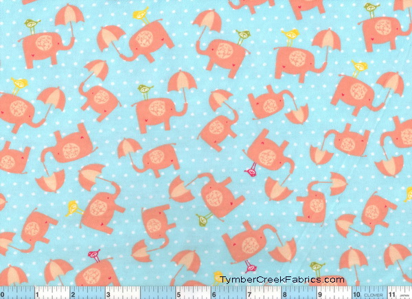 Elephants With Umbrella Aqua White Dots Flannel